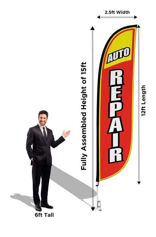 Auto Repair Feather Flag - 3 Pack w/ Ground Spike Pole Set 