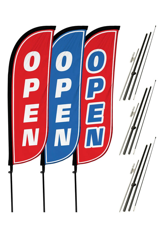 Open Feather Flag - Variety 3 Pack w/ Ground Spike Pole Set 